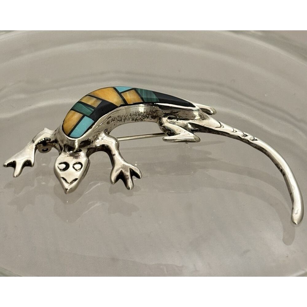 Leonard Martza ZUNI Sterling Inlay Spiny Oyster/Turquoise/Onyx LIZARD Brooch - Picture 6 of 7